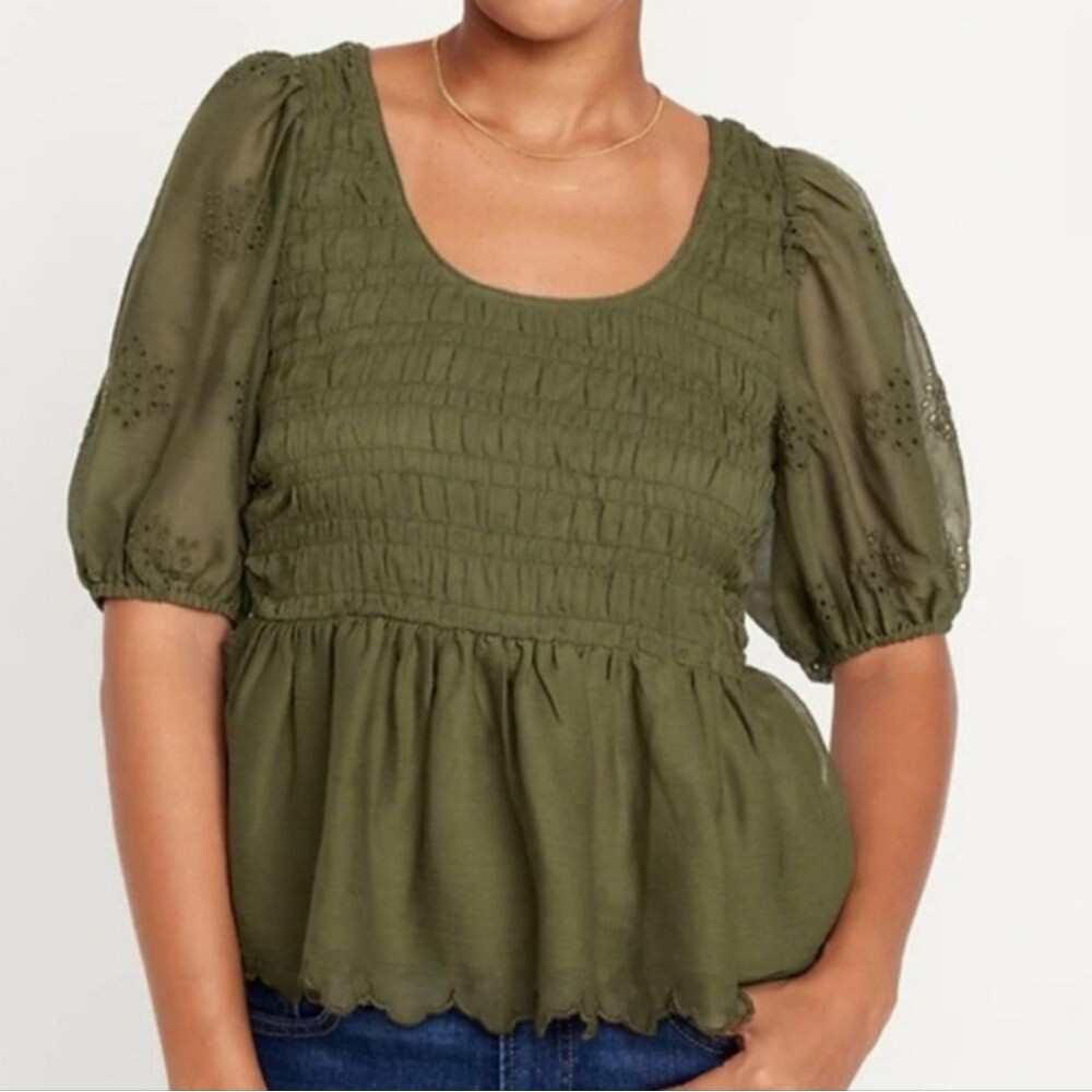 Old Navy Dark Green Fitted Puff-Sleeve Smocked Chiffon Top Size Xl Woodsy